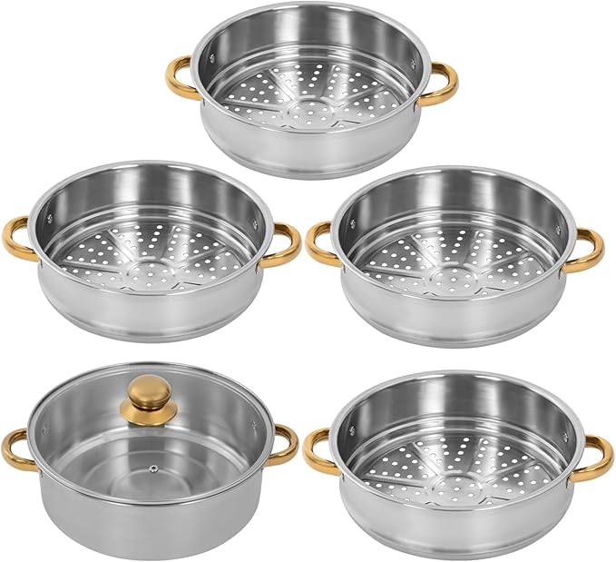 Steamer 26*42cm/10.24*16.54in, 5-tier Stainless Steel Steam Cooker w/ Clear Lid & Gold Anti-scald Handles, Home Stackable Multipurpose Steam Pot for All Hobs (1x1.32Gal Bottom Pan, 4xSteamer Baskets)