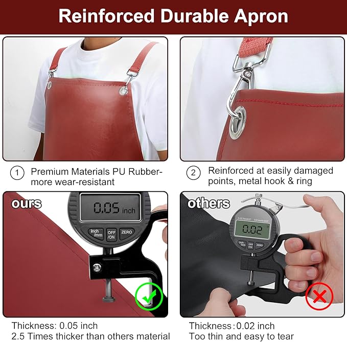 Waterproof Rubber Aprons for Women, Heavy Duty Vinyl Dishwasher Apron Adjustable Cross Back Strap for Dishwasher, Butcher, Dog Grooming, Chemical Resistant, 43" Long Thicker Apron Red