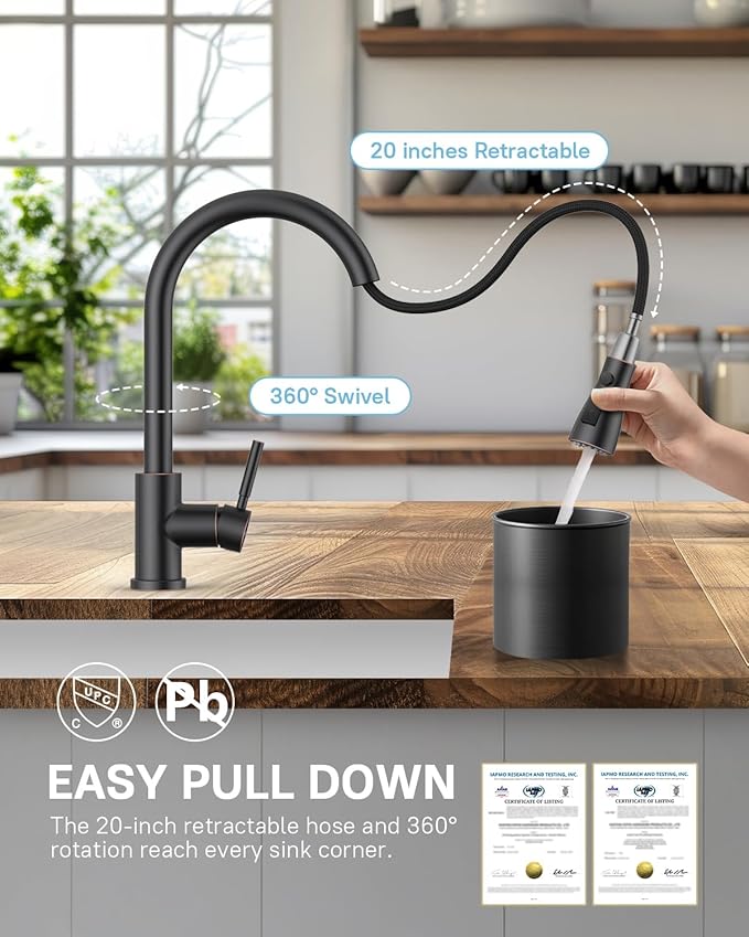 WEWE Kitchen Faucet with Pull Down Sprayer and Soap Dispenser, Stainless Steel Kitchen Sink Faucets, 3-Mode High Arc Single Handle Faucet for RV Farmhouse, Oil Rubbed Bronze