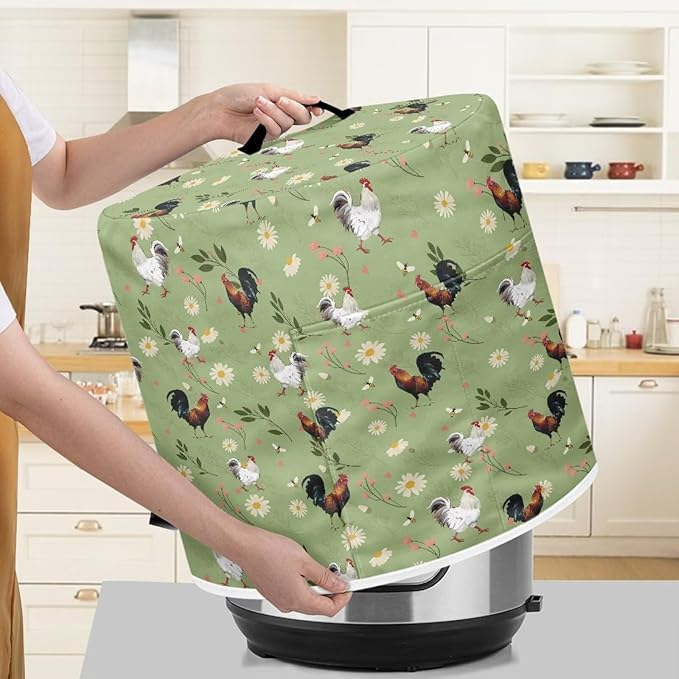 Air Fryer Dust Cover Compatible with 3 Quart Dust Protection Insulated Kitchen Appliance Cover with Top Handle & Pockets for Home Decoration, Rooster Daisy Floral Green