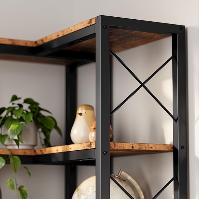 IRONCK Corner Bookshelf, 7-Tier Industrial Corner Bookcase, Tall Corner Shelf Storage Display Rack with Metal Frame for Living Room Home Office, Vintage Brown