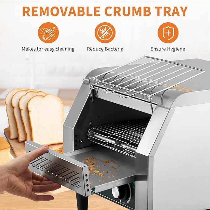 High-Capacity Commercial Conveyor Toaster, 1800w 110v for 450 Slices Per Hour, Stainless Steel Construction with 7 Browning Settings & Timer, Ideal for Restaurant, Bagel Shop, Bakery, Buffet