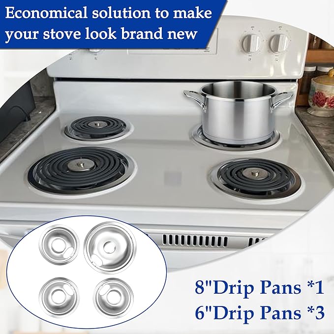Stove Burner Covers,Chrome Replacement Drip Pans for Frigidaire Kenmore 316048413 and 316048414,4 pcs (3x6" and 1x8")