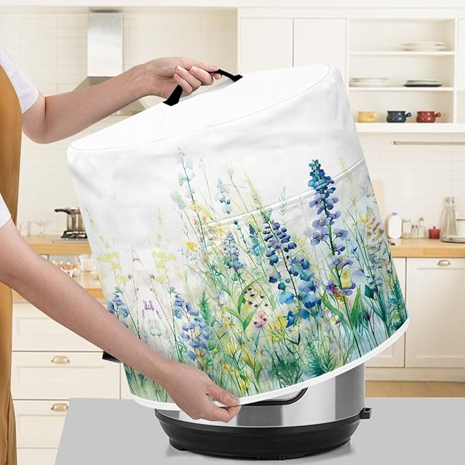 Insulated Pressure Cooker Appliance Cover, Also Fit for Rice Cooker, Air Fryer and Crock Pot, 6 Qt Dust Cover with Pocket for Spoon/Cooking Utensils/Recipes, Blue Green Floral