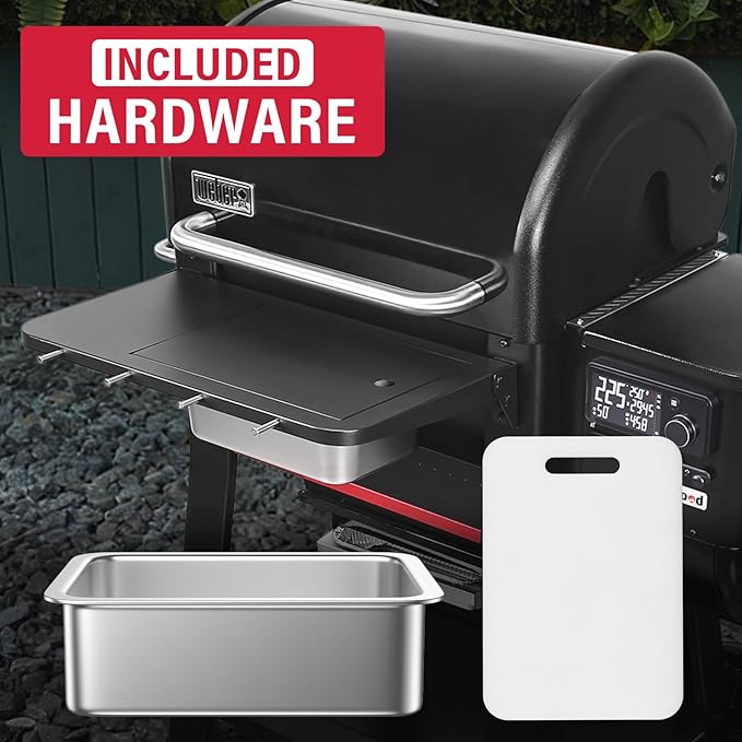 Utheer Front Folding Grill Table for Weber Searwood 600 – 23" x 12.5" Large Front Shelf with Stainless Steel Basin, Works Cutting Board, Lid & 5 Hooks, Heavy-Duty Weber Searwood 600 Accessories