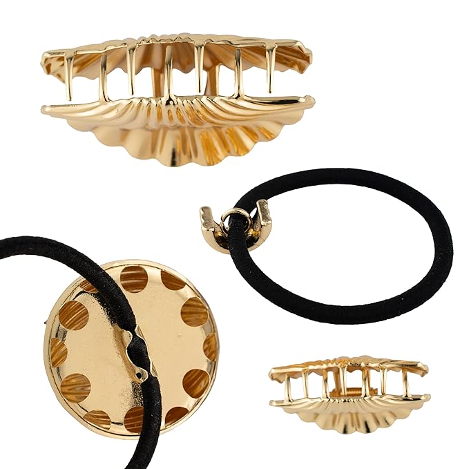 4PCS Gold Hair Set - 2 Metal Hair Ties + 2 Shell Hair Clips, Non-Damage Ponytail Holders & Decorative Hair Clips