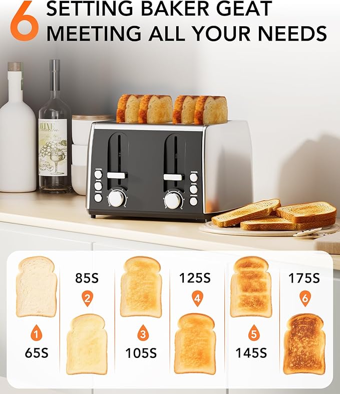 Cowsar Toaster 4 Slice Retro Stainless Steel, Compact 4 Slice Toaster with Extra Wide Slots for Toasting Bread, Bagel, Cancel/Bagel/Defrost Function, Toast Boost, 6 Shade Settings