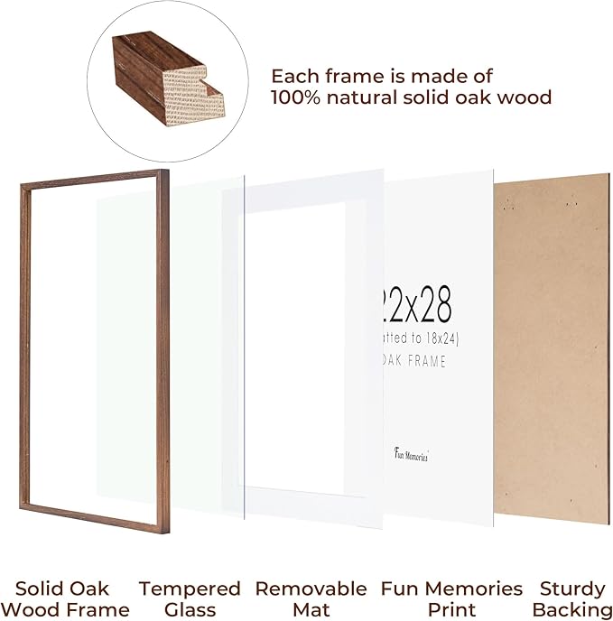 Fun Memories Oak Wood Picture Frame 22x28, 22 x 28 Poster Frame for Wall, 22"x28" Wood Frames Photo Frames in Walnut, Tempered Real Glass, 22x28 Frame with Mat for 18x24 (Walnut, 2 Pack)