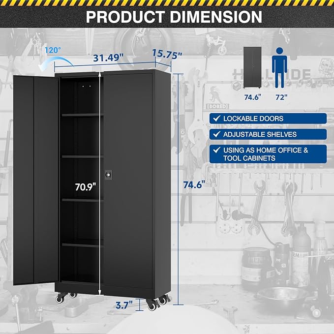 Metal Rolling Storage Cabinet-74.6” Tall Steel File Cabinets with Wheels Lockable Doors and Adjustable Shelves-Black Steel Storage Cabinet for Home, School, Office, Garage