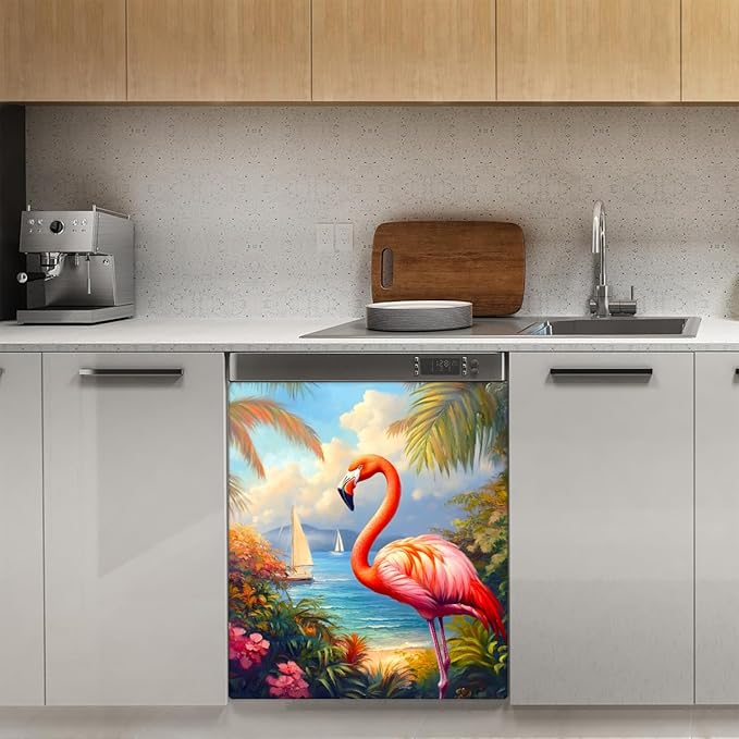 Summer Palm Flamingo Dishwasher Magnet Cover Front Dishwasher Cover Decor Reusable Magnetic Door Cover Panel Decal Home Appliances Stickers Kitchen Refrigerator Fridge 23"x26"