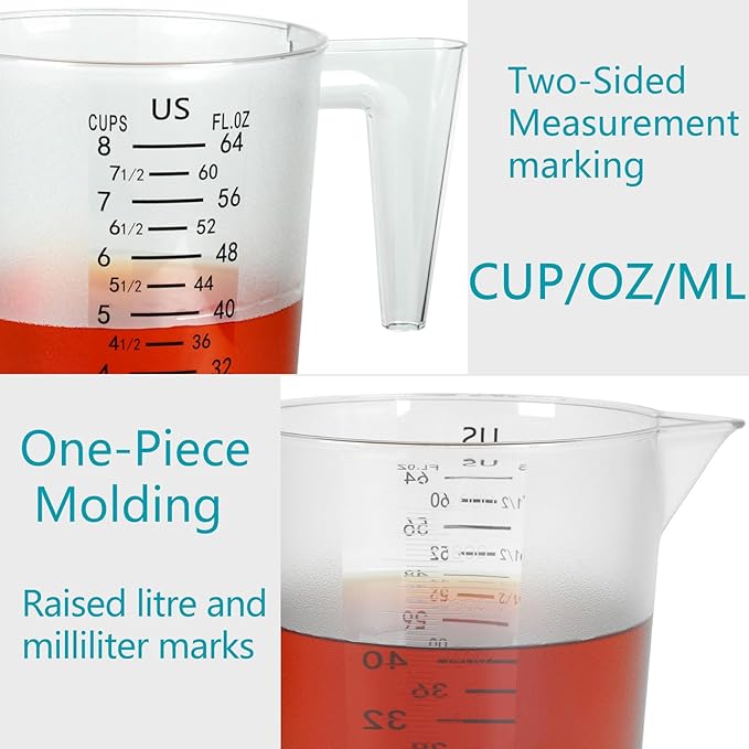 8 Cup/2-Quart Large Measuring Cups, Clear, Strong Food Grade Liquid Measure Pitcher, for Home Hobbies/Professional Kitchen