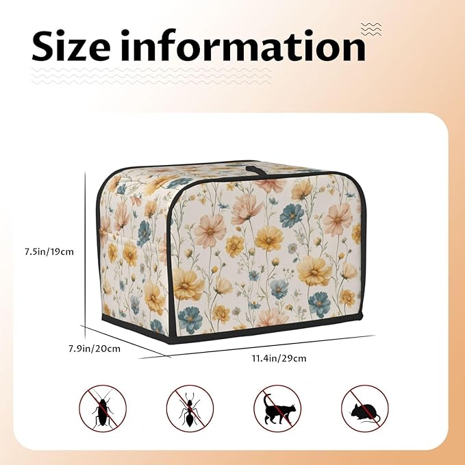 2 Slice Toaster Cover for Kitchen Vintage Flower Print Botanical Waterproof and Dustproof Toaster Dust Cover with Side Pockets Decorative Universal Cover for Wide Slot Toasters and Small Appliances