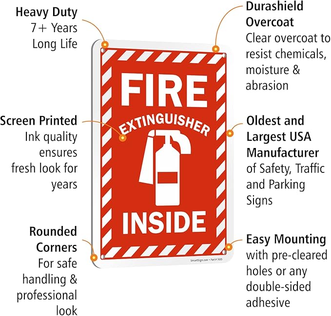 SmartSign 10 x 7 inch “Fire Extinguisher Inside” Metal Sign with Pre-cleared Holes, 40 mil Laminated Rustproof Aluminum, Red and white, Made in USA