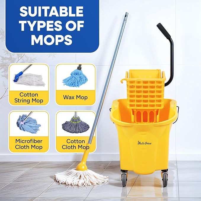 35-Quart Yellow Side-Press Mop Bucket and Wringer Combo on Wheels with Dirty Water Bucket for Commercial Use Perfect for Professional Industrial Business Household