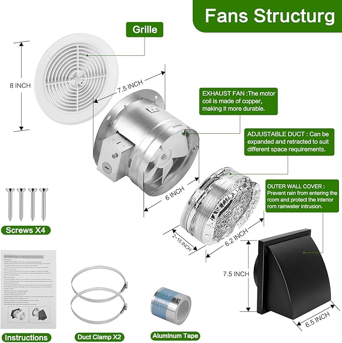 512M 6-inch Through Wall Exhaust Fan, 【Fast Deodorize, Dehumidify & Metal Exhaust Vent Cap, Corrosion-Resistant】80 CFM 4.0 Sones, Bathroom Wall Exhaust Fan, with Retractable Duct&Non-Return Flap
