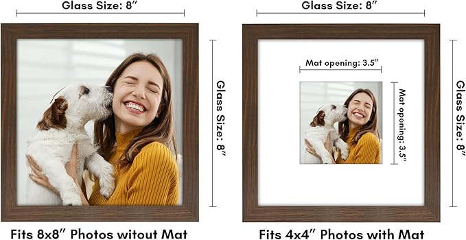Americanflat 8x8 Picture Frame with Shatter-Resistant Glass - Use as 4x4 Frame with Mat or Display 8x8 Photo Without Mat - Signature Collection - Square Frames for Tabletop and Wall Display - Walnut