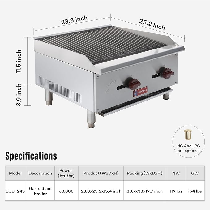 WESTLAKE 24"W Commercial Charbroiler Gas Countertop 2 Burner Natural Gas and Propane 60,000 BTU Char Broiler Stainless Steel BBQ Stove Grill for Restaurants