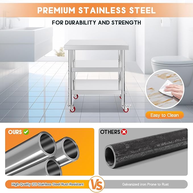 Jocisland 22" x 36" Three-Tier Stainless Steel Table for Prep & Work with Wheels, Adjustable Under Shelf, for Commercial Kitchen, Restaurant, Hotel and Garage