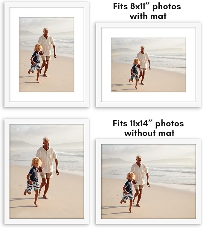 Americanflat 11x14 Picture Frame with Polished Plexiglass - Set of 5 - Use as 8x11 Frame with Mat or Display 11x14 Photo Without Mat - Galleria Collection - Picture Frames for Wall Display - White