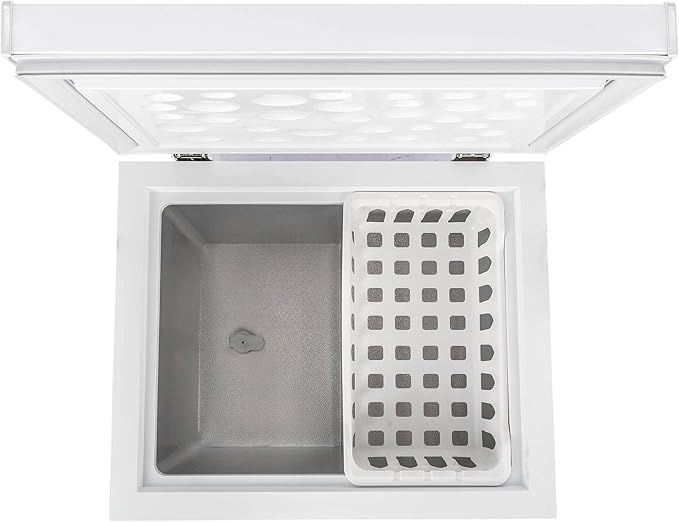 Frigidaire Chest Deep Freezer, 2.0 Cu. Ft. Capacity, Adjustable Thermostat-Removable Vinyl Coated Wire Basket-Easy Defrost Drain- Garage Ready- Pearl White