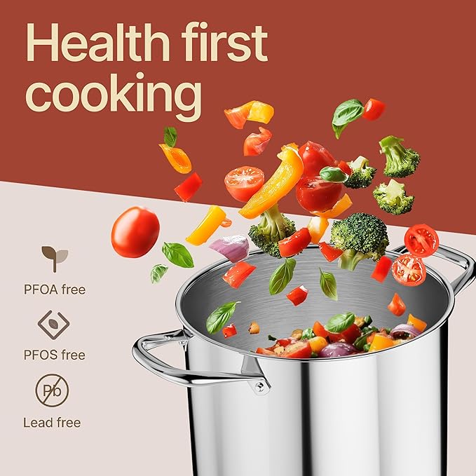 Stainless Steel Stockpot with Tempered Glass Lid 8 Quart, Durable 18/0 Stainless Steel, Impact-Bonded Base for Even Heating, Riveted Handles, Oven & All Stove Compatible, Safe Up To 500°F (260°C)