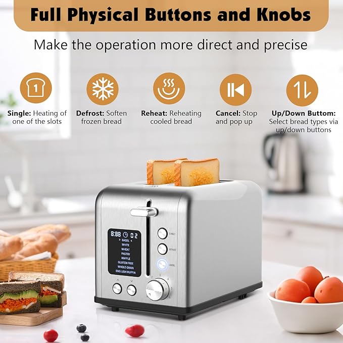 2-Slice Bagel Toaster Stainless Steel with Screen- Single Slice Function for Single-Sided Stuffed Bagel, 8 Bread Types, 6 Browning Levels, LED Countdown Timer, Defrost/Reheat/Cancel, 825W
