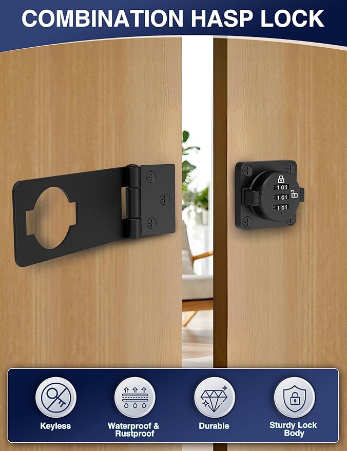 Keyless Cabinet Combination Lock, 3-Digit Password Twist Knob Hasp Latch for Doors, Cabinets, Drawers, Barn Door, Bathroom, Outdoor, Closet, Fence, Durable Zinc Alloy, (Black, 2 Pack)