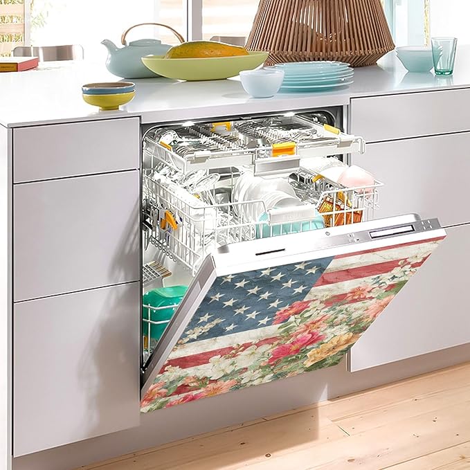 American Flag Flower Dishwasher Magnet Cover Front Door Magnetic Dishwasher Cover Decorative Refrigerator Magnet Covers Dishwashers Magnetic Sticker for Kitchen Home, 23" x 26"