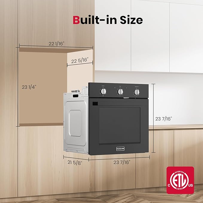 24 Inch Electric Wall Oven, GASLAND Built-in Oven with 2.79 Cu.ft Capacity, 5 Working Functions, Ergonomic knob, Removavle Triple-Layer Glass Door, 2200W Black Single Wall Oven, ETL Certified