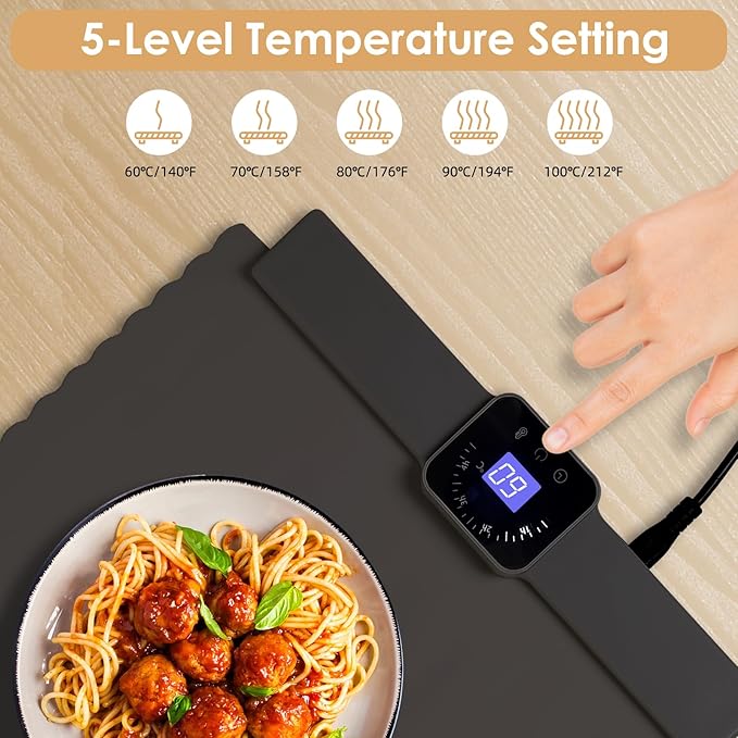 Food Warming Mat - 5 Temperature Settings, 4-Hour Timer, Child Lock, Flexible Silicone, Easy Clean, Multi-Use, Perfect for Home, Parties, and Picnics