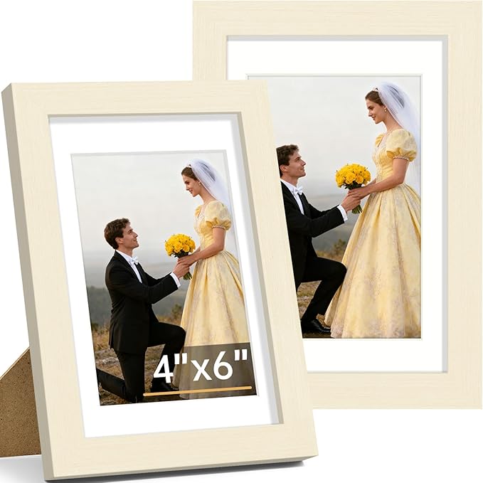Vittanly 4x6 Picture Frame Set of 2, Solid Wood Frame for Wall or Tabletop, Display Photo 3.5x5 with Mat or 4x6 without Mat, White