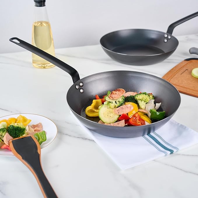 Met Lux 12 Inch Fry Pan, 1 Lightweight Frying Pan - Induction-Ready, Triple-Riveted, Black Carbon Steel Cooking Skillet, Durable, For Searing, Sauteing, And Browning Food - Restaurantware