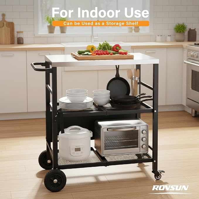 ROVSUN Stainless Steel Foldable Grill Table Cart, Outdoor Food Prep Rolling Cart with Wheels and Storage Shleves, Paper Towel Holder, Easy Movable Kitchen Island for Home, Patio, Pizza Oven