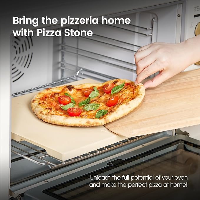 Pizza Stone 15x12 Inch Rectangular, Cordierite Baking Stone for Oven Grill BBQ, Crack Resistant with 4 Built-in Handles for Crispy Crust Bread Cookies