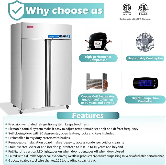 WESTLAKE Commercial Refrigerator and Freezer Combo 48"W 2 door 2 Section Stainless Steel Reach in Solid door Fan Cooling 36 Cu.ft Refrigerator and Freezer Combo for Restuarant, Bar, Shop, etc