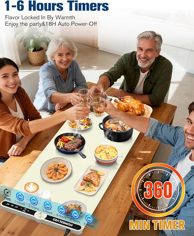 Warming Mat for Food Extra Large 39.4”X15”, 8S Rapid Heating Electric Warming Tray with 9 Temp Setting and 6H Timer, Food Warming Pad, Portable Food Warmers for Parties Buffet, Beige