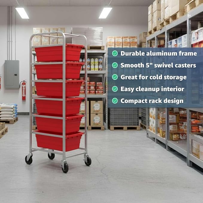 19"x26"x69" Mobile Aluminum Lug Rack with 6 Grey Meat Lugs/Tote Boxes - NSF Heavy-Duty Commercial Portable Storage Cart with 5" Casters, 400 lb., Food Prep and Dishroom Durable Utility Rack