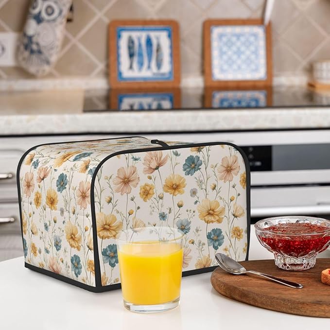 4 Slice Toaster Cover for Kitchen Vintage Flower Print Botanical Waterproof and Dustproof Toaster Dust Cover with Side Pockets Decorative Universal Cover for Wide Slot Toasters and Small Appliances