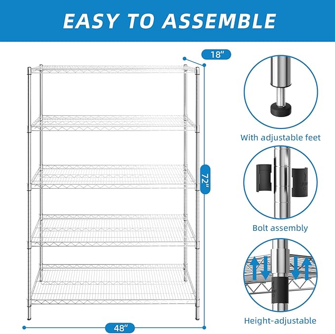 5-Shelf Adjustable Metal Shelf Wire Shelving Unit Heavy Duty Storage Rack Display Shelf for Office,Kitchen,Bedroom,Bathroom,Laundry,Pantry Basement,Garage(Chrome,48" L x 18" W x 72" H)