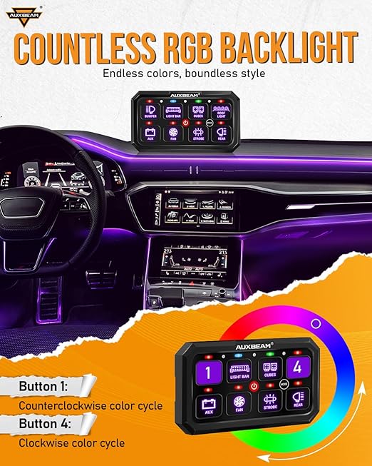 Auxbeam 8 Gang Switch Panel RB80 XL 5.3 Inch RGB Switch Pod Toggle Momentary Pulsed 12-24V Led Switch Panel Auxiliary Circuit Control Relay System for Truck Car Offroad UTV Waterproof 2 Years Warranty