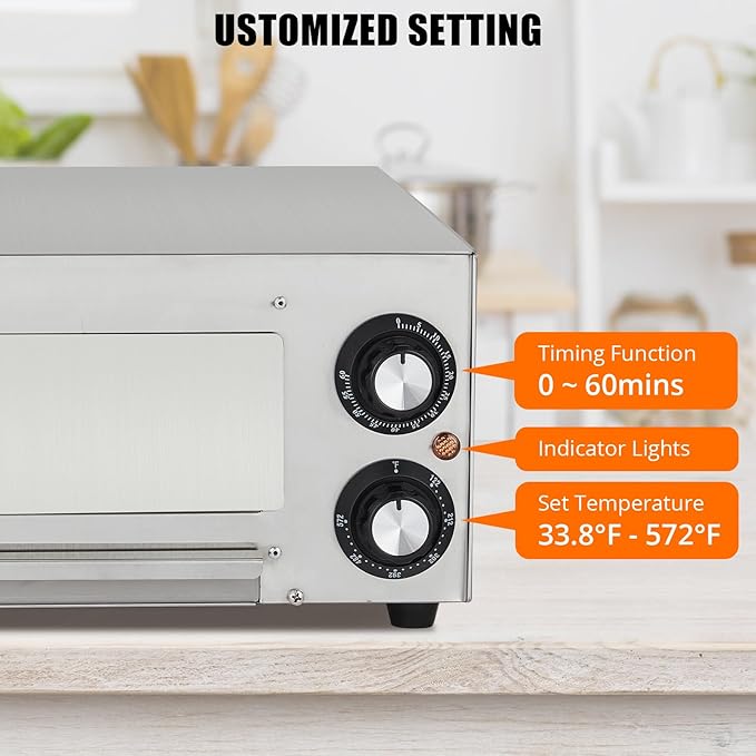 Electric Pizza Oven 13 inch Countertop Pizza Maker, Single Deck Stainless Steel, Removable Crumb Tray, Timer & Temp Control, Commercial Pizza Cooker Ideal for Home Kitchen Restaurant and Food Truck