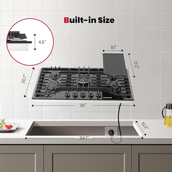 GASLAND Gas Cooktop 36 Inch with Griddle, PRO GH3365EF 5 Burner Propane Stovetop with Reversible Cast Iron Grill/Griddle, Gas Countertop Plug-in, NG/LPG Convertible Cooktops, Black