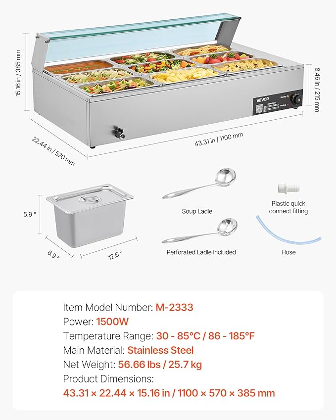 VEVOR Commercial Food Warmer, 1500W Electric Stainless Steel Steam Food Warmer with Glass Cover, 9-Pan Countertop Buffet Bain Marie with Soup & Perforated Ladles, for Catering, Restaurant & Party