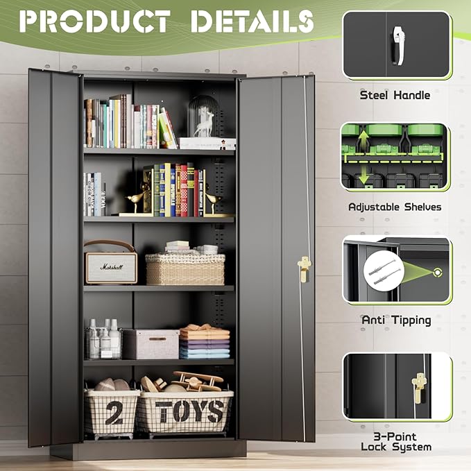 Oakmont Metal Storage Cabinet for Tool Organization, 72" Lockable Garage Storage Cabinets with 2 Doors and 4 Adjustable Shelves, Locking File Cabinet for Office, Home, School (72“ Wide-Black)