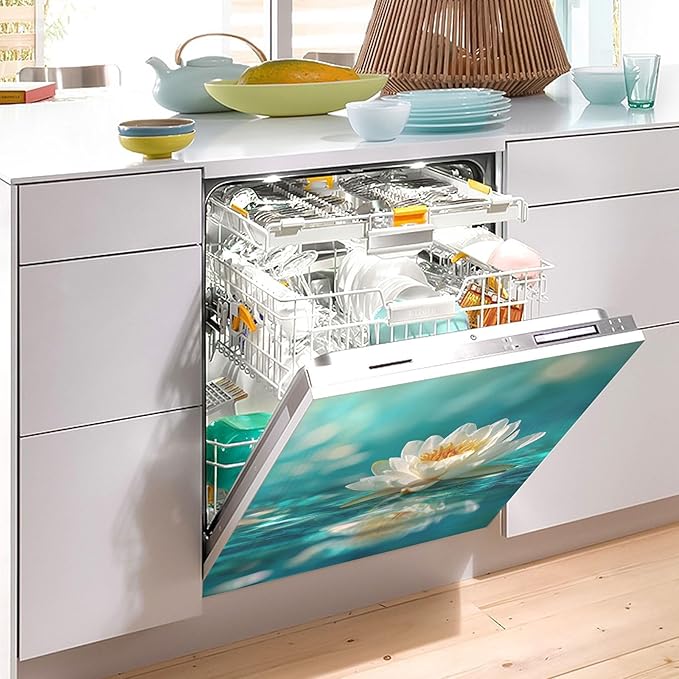 Flowers Teal Dishwasher Magnet Cover for Front Panel Magnetic Dishwasher Cover Decorative Refrigerator Magnet Covers Fridge Panel Decal for Kitchen Decor, 23" x 26"