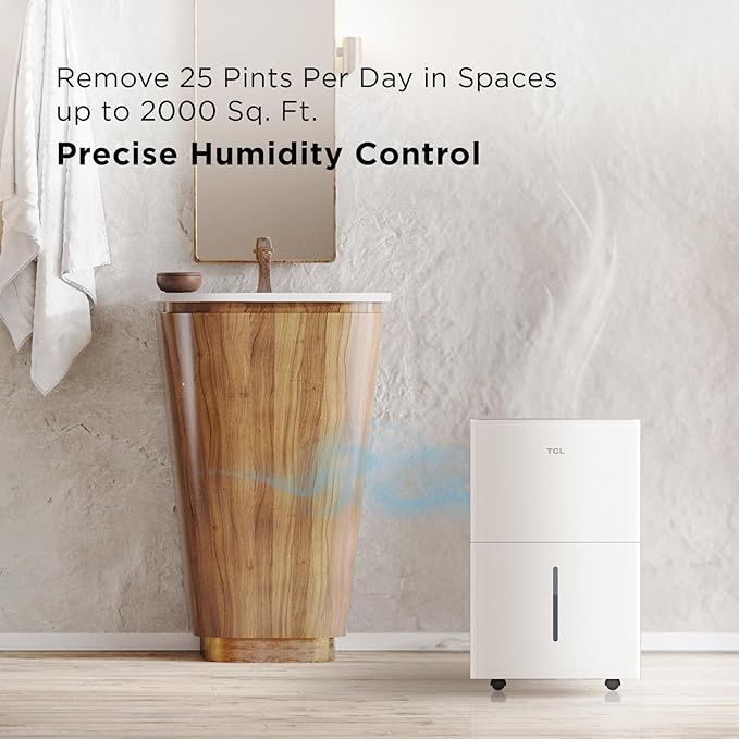 TCL 2000 Sq. Ft. Smart Dehumidifier, Energy Star Most Efficient 2024, Ultra-compact, 25 Pints Per Day, Ideal for Basements, Rooms, and Other Living Spaces, Works with Alexa/Google Assistant – H25D44W