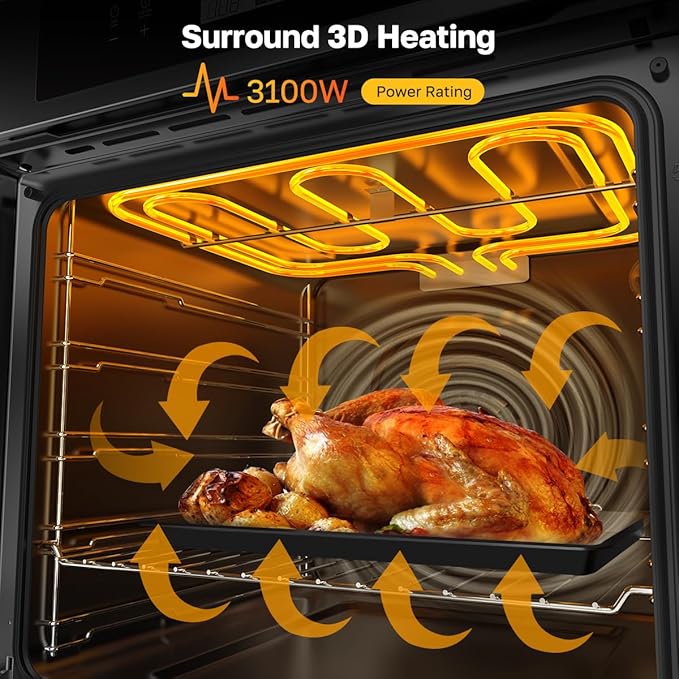 ThermoMate 24 Inch Electric Wall Oven, ETL Certified, 2.6 Cu.Ft. Convection Ovens with 12 Functions, 3D Heating, 3100W, Sensor Touch Control, Safety Lock, Stainless Steel