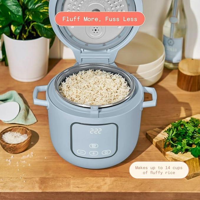 Beautiful 14-Cup Electric Rice & Grain Cooker, Ceramic Nonstick, 8 Presets, Slow Cook, Steamer Tray (Cornflower Blue)