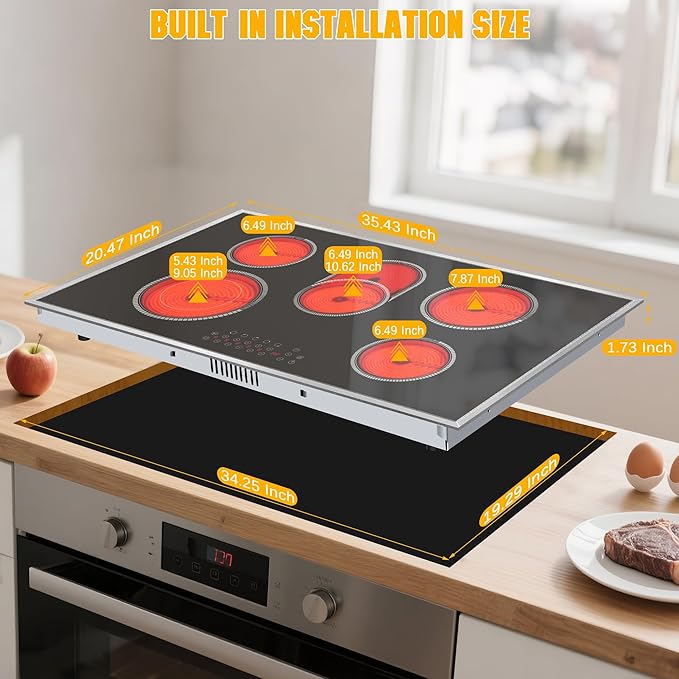 Electric Cooktop 36 Inch, 5 Burners Electric Stove Top Touch Control, 8400W Built-in Ceramic Stovetop 36" with Expandable Zone, Child Lock, Timer, Pause Control, 220-240v Hardwired (No Plug)