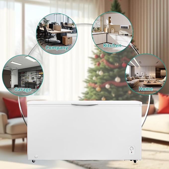 SMETA Deep Freezer 14 Cubic Feet, Chest Freezer Garage Ready, 4 Wheels Large Storage Chest Freezer with 1 Basket, Low Noise, Energy Saving, Thermostat Control for Home, Office, Kitchen, White